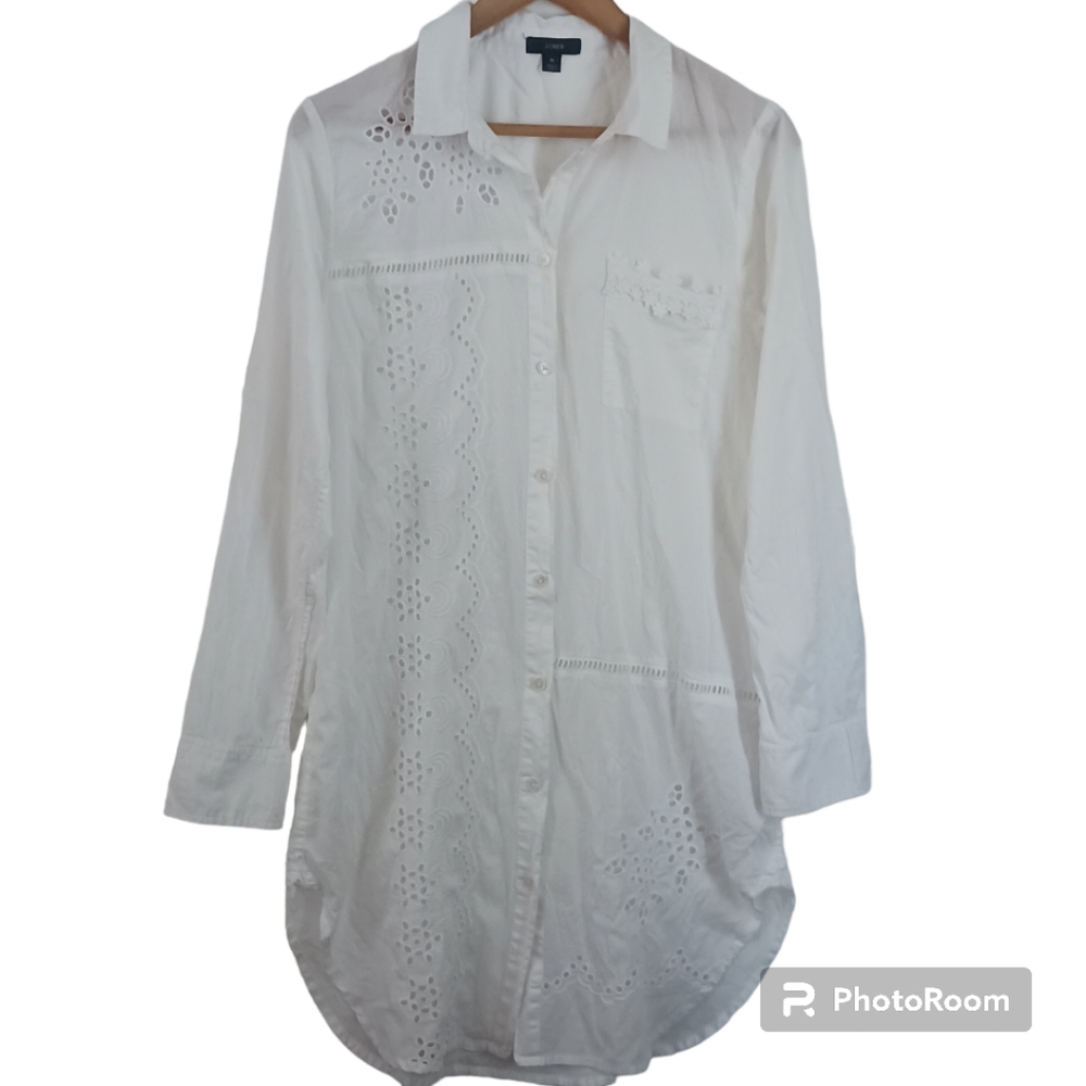 J. Crew embroidered tunic in white button down cover-up dress shirt size M